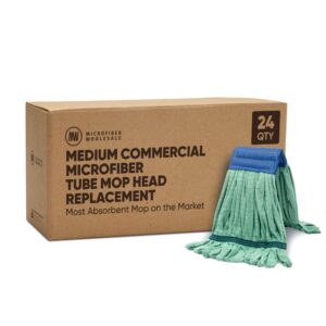 bulk commercial mop head replacement (24 count) - medium microfiber tube mop (14 oz.) | industrial wet mops | refill, machine washable, heavy duty | hardwood, tile, laminate, vinyl floors (green)