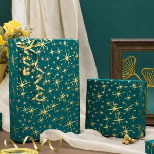 Garbendy Green Christams Wrapping Paper Roll-17inch x 32.8ft Embossing 3D Emerald Green with Gold Foil Star Design for Christmas, Birthday, Wedding, Baby Shower, Bridal Shower, Party