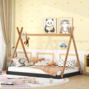 acqca full size tent floor bed with triangle structure, solid wood platform bed frame for kid, boys girls, easy to assemble, black+brown