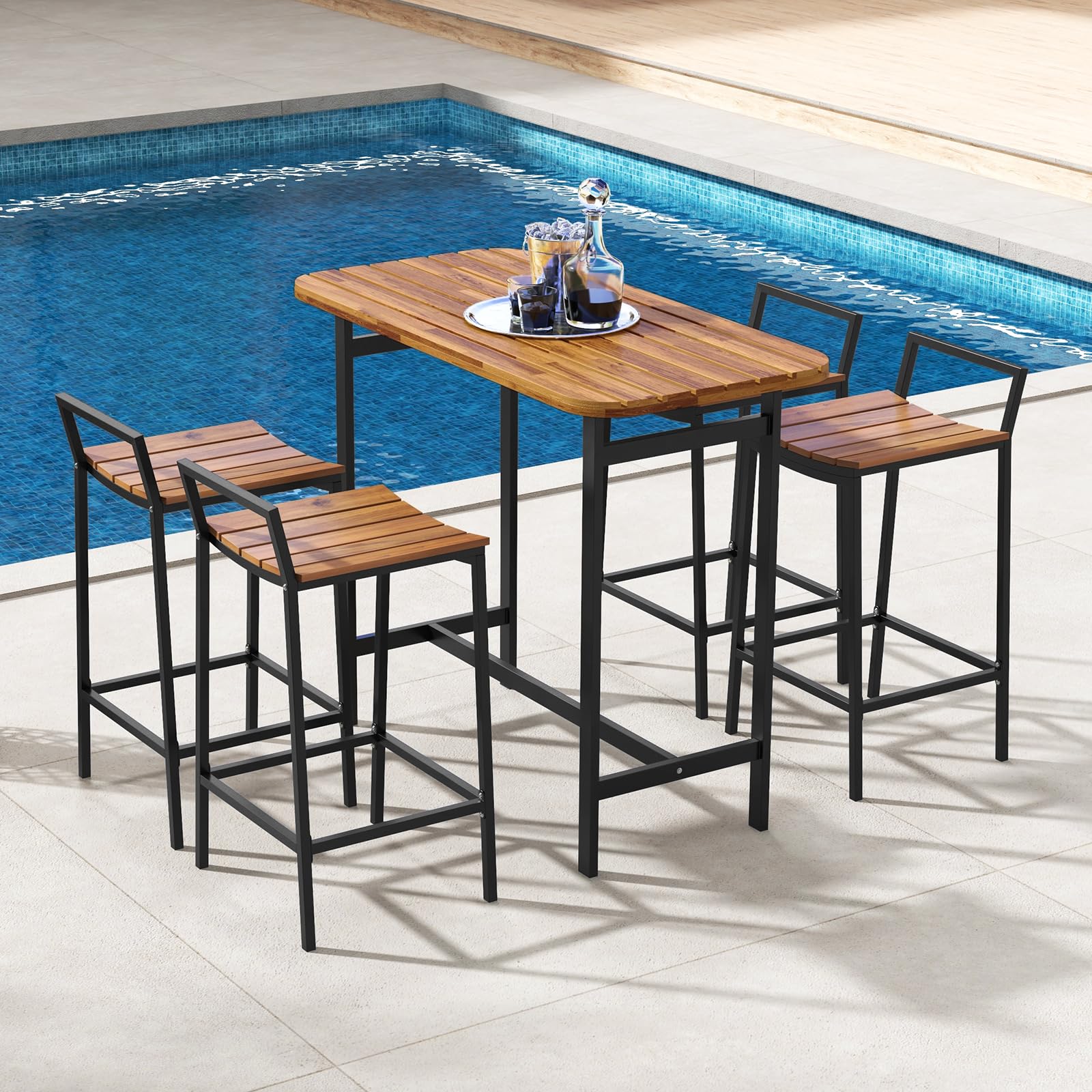 Tangkula 5 Piece Acacia Wood Bar Table Set, Outdoor Bar Height Table & Chairs with Metal Frame & Footrest, Patio Bar Table Set for 4, Patio Furniture Bistro Set for Deck, Garden & Poolside