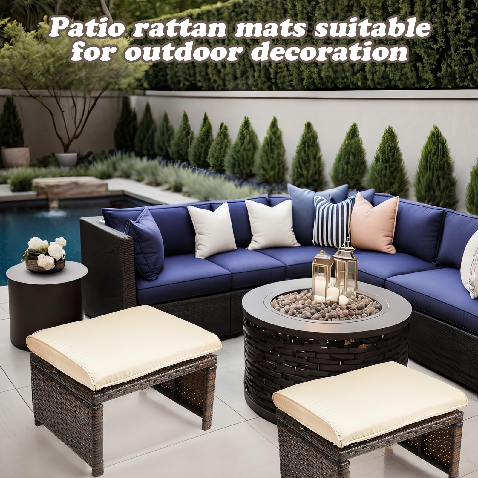 2 Pcs Patio Rattan Ottomans Outdoor Wicker Ottomans Patio Footstool Footrest with Removable Cushion Soft Zippered Cushions Function Footstool Seat Table for Backyard Balcony Poolside(Beige, Brown)