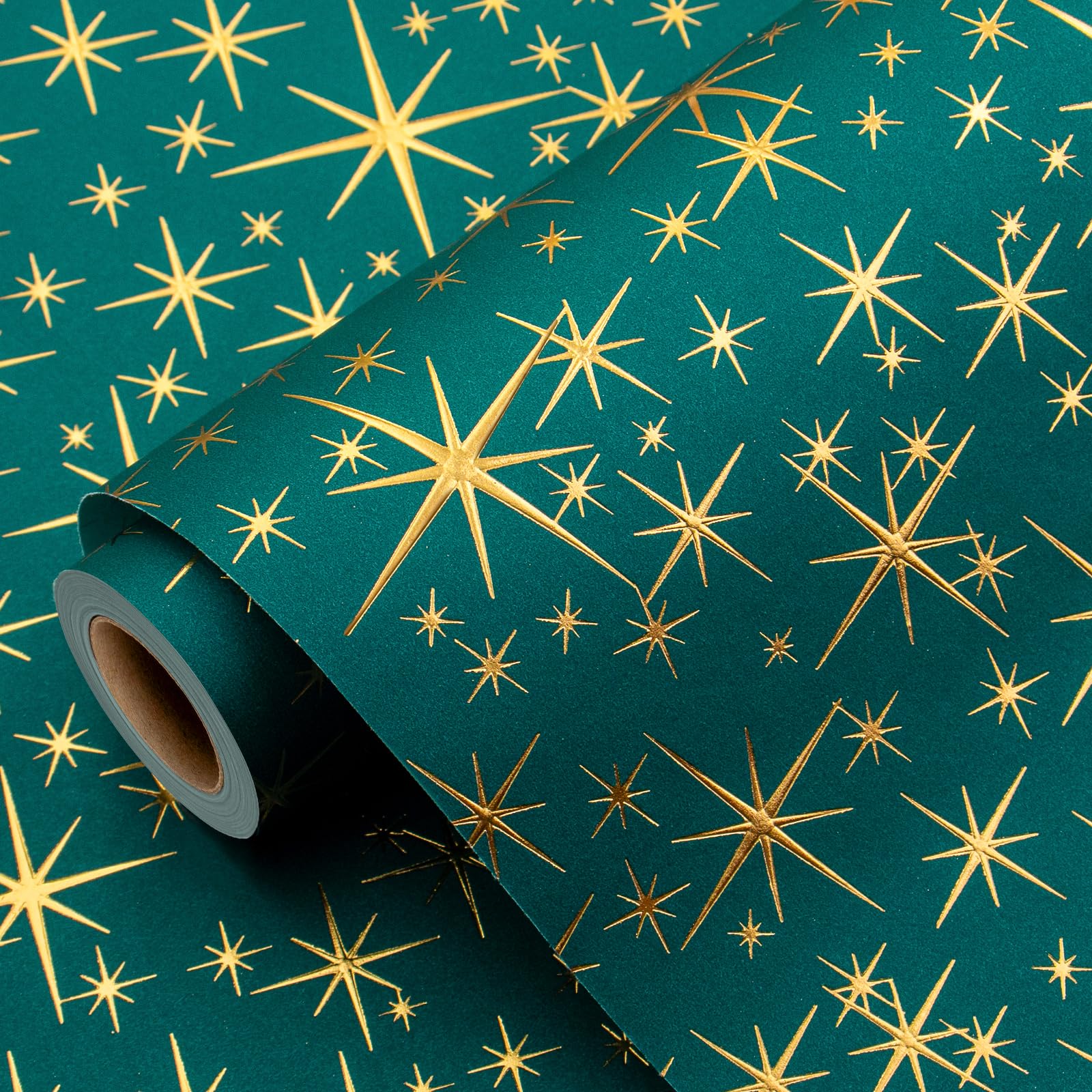 Garbendy Green Christams Wrapping Paper Roll-17inch x 32.8ft Embossing 3D Emerald Green with Gold Foil Star Design for Christmas, Birthday, Wedding, Baby Shower, Bridal Shower, Party