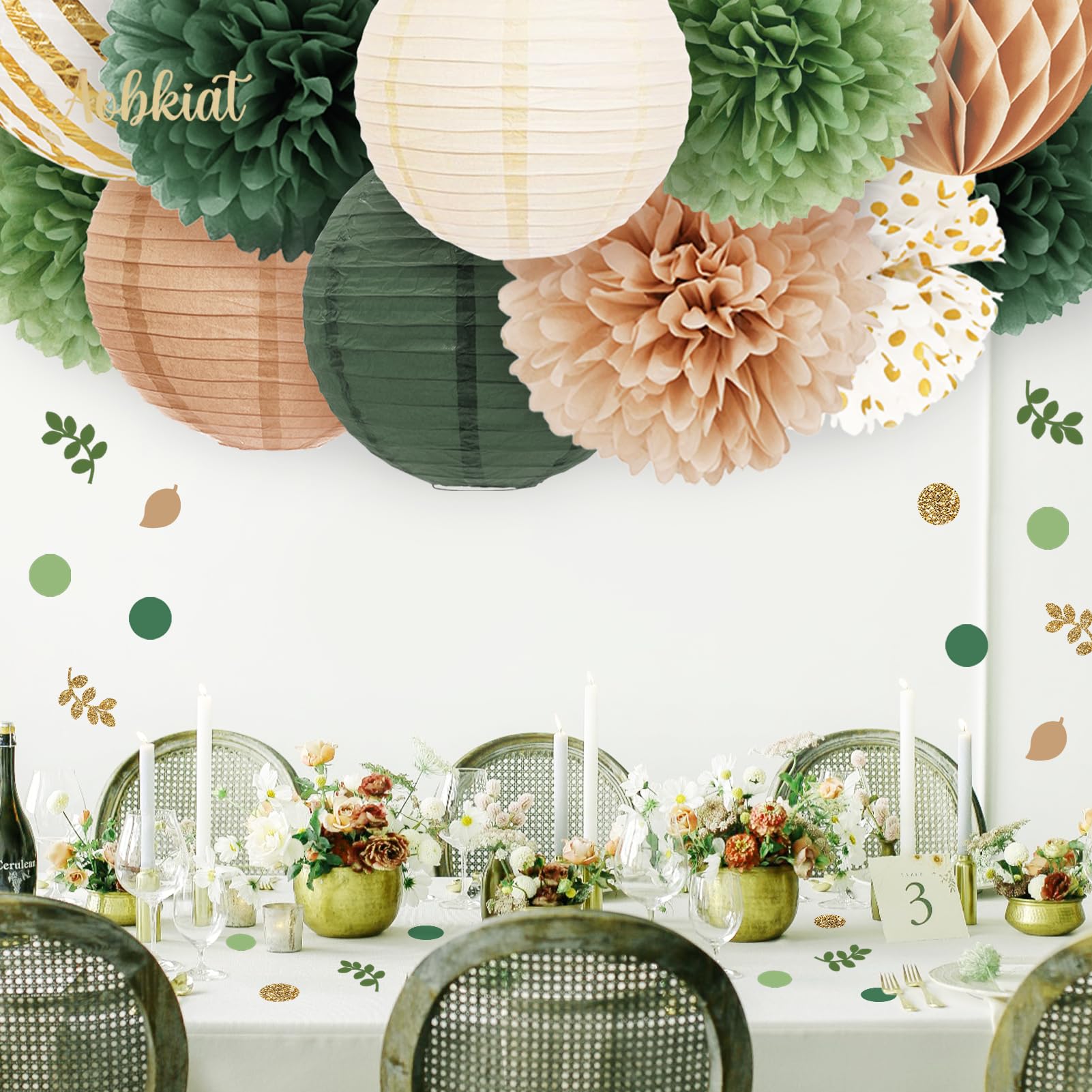 AOBKIAT Wedding Party Decorations,12 PCS Olive Green Paper Lanterns and Pom Poms Flowers for Neutral Baby Shower,Engagement,Birthday,Boho Bridal Showers