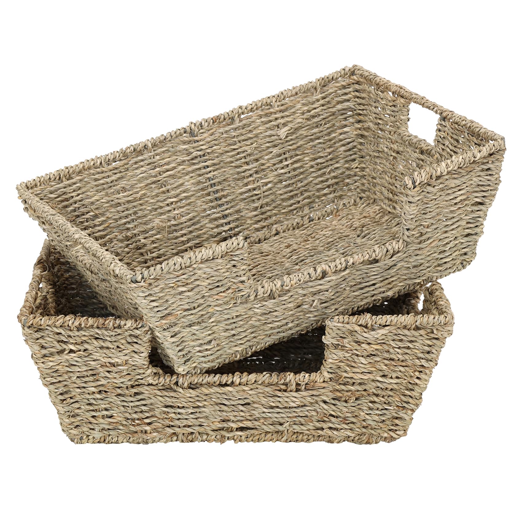 WEAVELYRICS [2-Pack] Seagrass Storage Baskets, Handwoven Trapezoid Baskets, Wicker Baskets with Built-in Handles, Wicker Baskets for Shelves, Counter Organizing, Kitchen, Bathroom or Bedroom