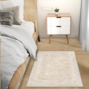 Aoyaomi Moroccan Area Rug 2x3 - Washable Distressed Entryway Rug Non-Slip Small Rug, Soft Low-Pile Geometric Farmhouse Indoor Door Mat Floor Carpet for Entrance Bedroom Kitchen Bathroom (2 x 3, Beige)