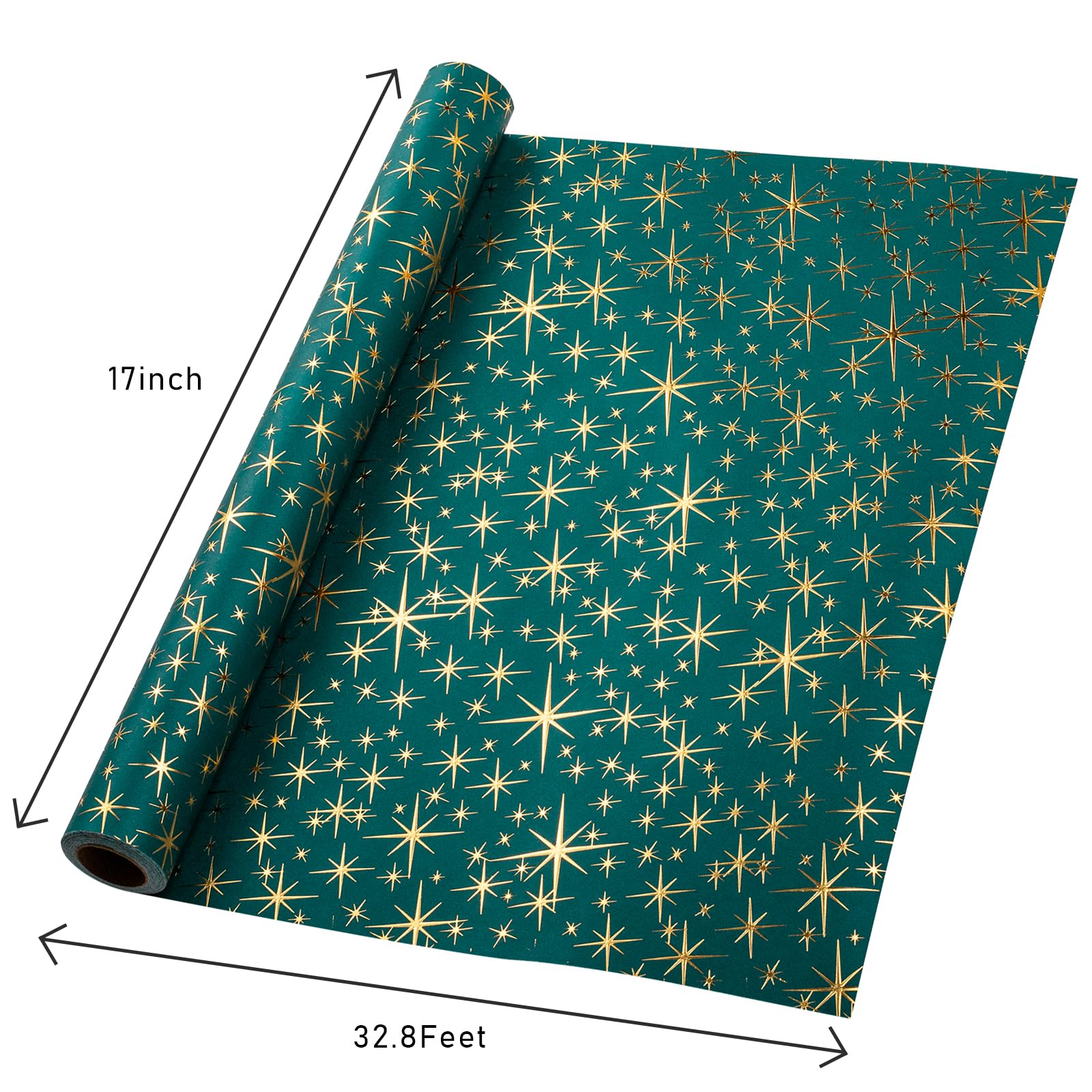 Garbendy Green Christams Wrapping Paper Roll-17inch x 32.8ft Embossing 3D Emerald Green with Gold Foil Star Design for Christmas, Birthday, Wedding, Baby Shower, Bridal Shower, Party