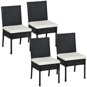 outsunny 4 pe rattan outdoor dining chairs with cushions, patio wicker dining chairs with backrests for porch, deck, garden, cream white