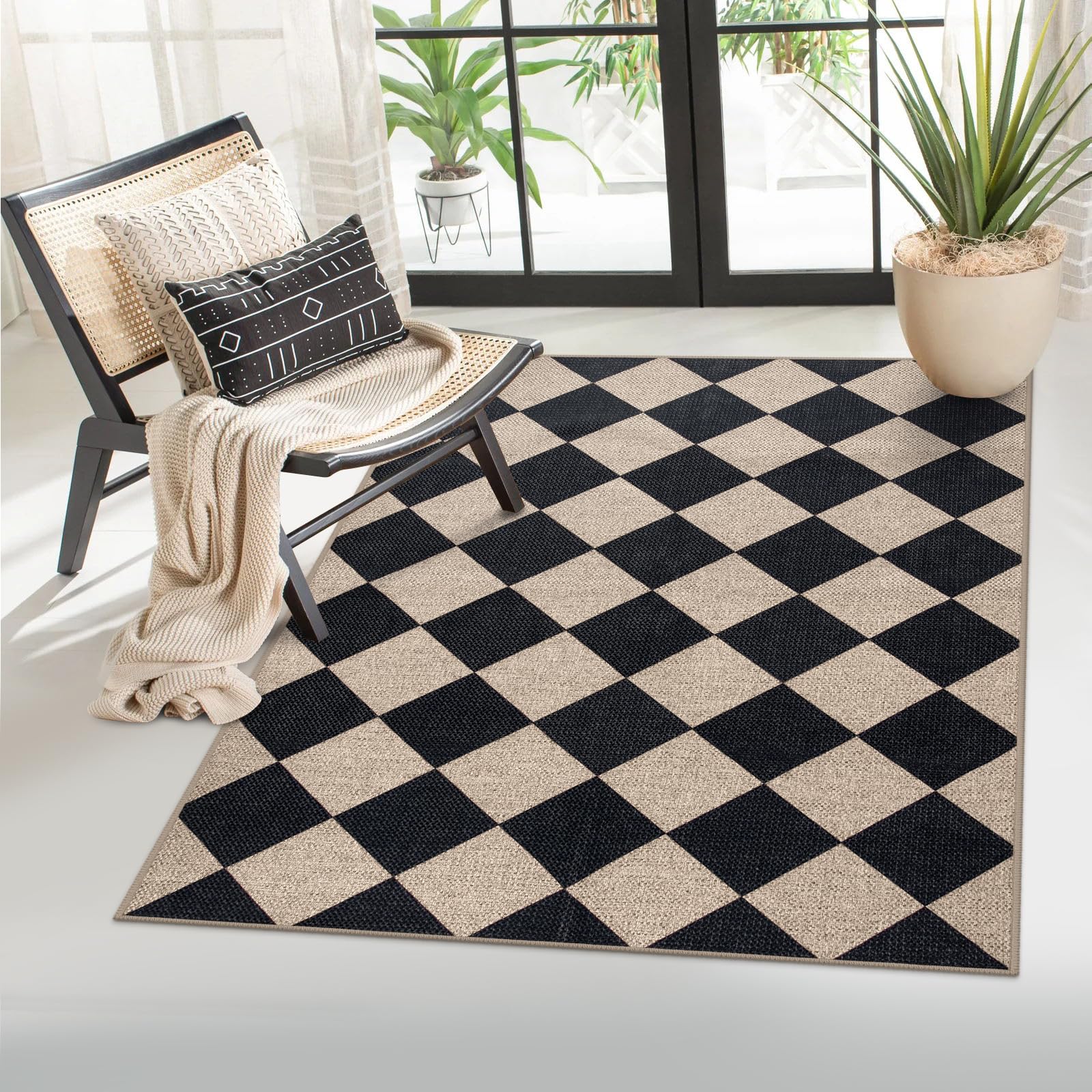 Lahome Checkered Easy Jute Area Rug, 3x5 Outdoor Patio Rug Washable Rugs for Entryway Diamond Indoor Outdoor Living Room Rugs, Farmhouse Neutral Non Slip Black Carpet for Backyard Bedroom