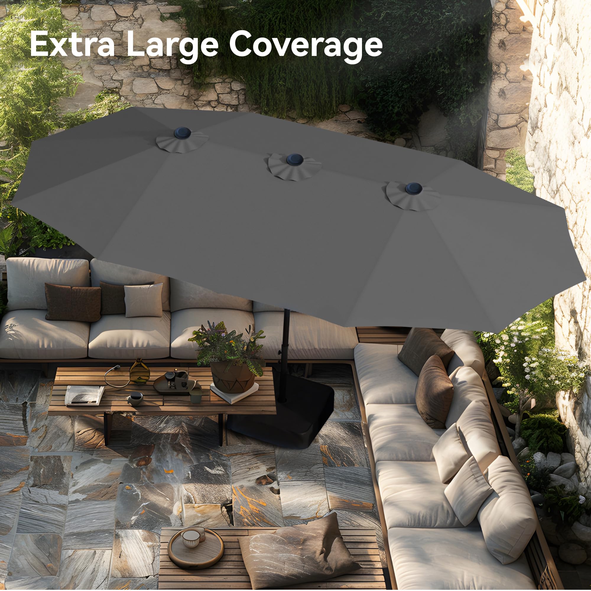 PHI VILLA 15ft Large Patio Umbrellas with Base, Outdoor Double-Sided Rectangle Market Umbrella for Pool Lawn Garden, Light Gray