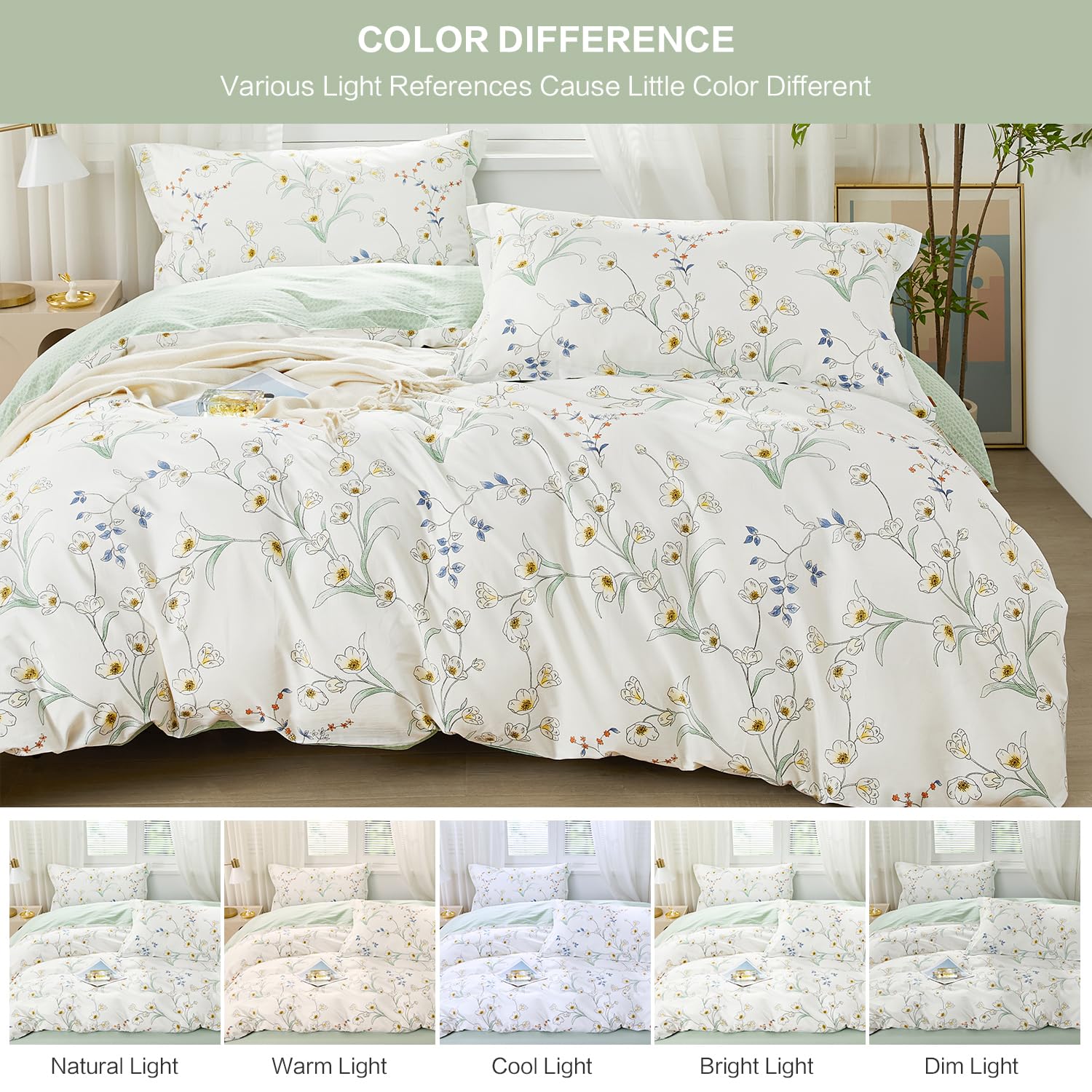 SAPHREAS Floral Duvet Cover Set Queen Size 3pcs White Fresh Magnolia Flower Botanical Bedding Comforter Cover Set 100% Cotton 1 Quilt Cover 90"x90" 2 Pillow Shams(No Comforter)