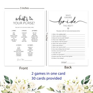 2 Bridal Shower Games, What's in Your Purse Game & Who Knows Bride Best -Set of 30, Double Sided Printed Minimalist Bridal Shower Cards, Wedding Party Game Cards for Guests, Bridal Shower Ideas-HLYX07