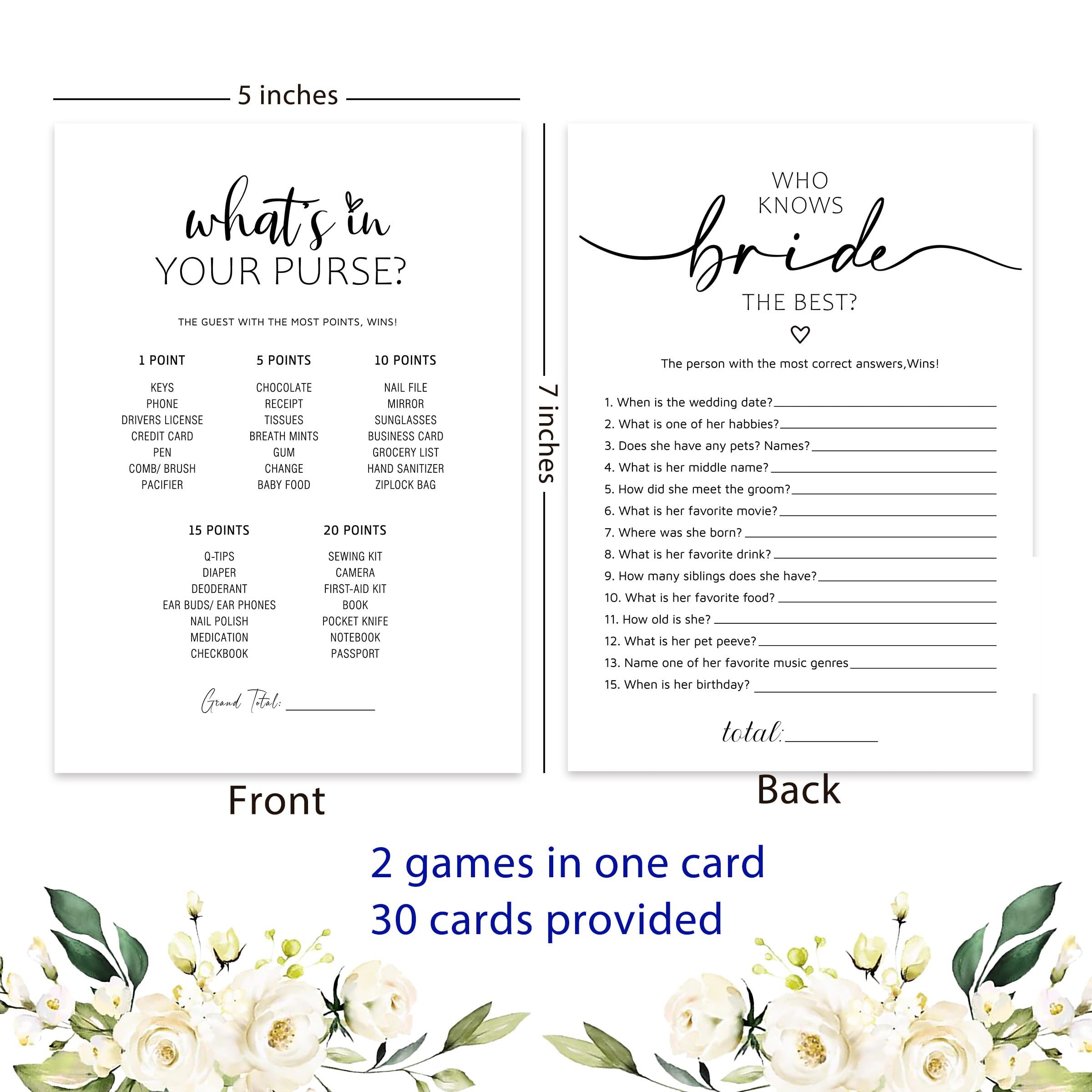 2 Bridal Shower Games, What's in Your Purse Game & Who Knows Bride Best -Set of 30, Double Sided Printed Minimalist Bridal Shower Cards, Wedding Party Game Cards for Guests, Bridal Shower Ideas-HLYX07