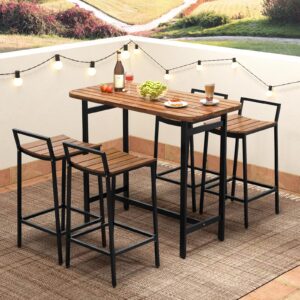 Tangkula 5 Piece Acacia Wood Bar Table Set, Outdoor Bar Height Table & Chairs with Metal Frame & Footrest, Patio Bar Table Set for 4, Patio Furniture Bistro Set for Deck, Garden & Poolside