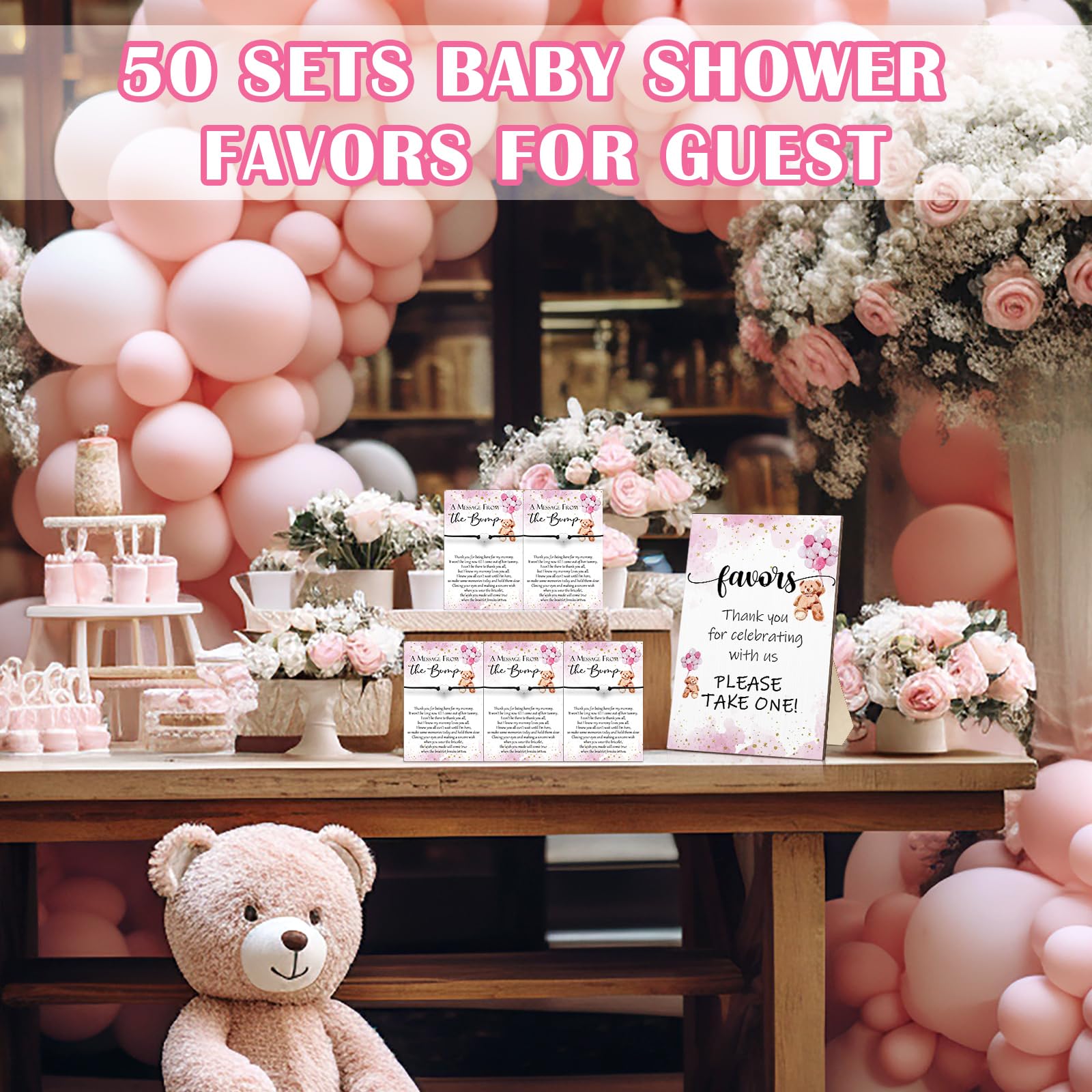 Thyle 50 Set Bear Baby Shower Games Favors for Guests 50 Message from the Bump Card 50 Adjustable Heart Bracelet 1 Baby Shower Wood Sign Baby Shower Thank You Return Gifts for Guests(Pink)