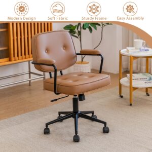 NTailed FOX Mid Century Office Chair, Swivel Desk Chair with Wheels and Arms, Height Adjustable Rolling Chair, Small Leather Office Chair for Adults (Brown)