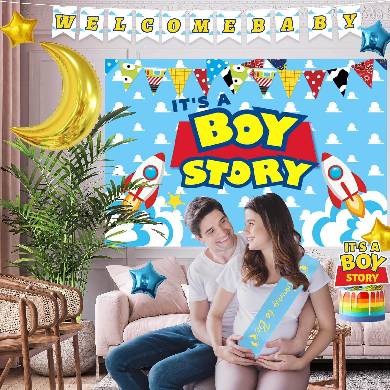 Party Inspo Cartoon Toy Baby Shower Decorations, It’s A Boy Toy Themed Story Decorations for Boy Backdrop Balloon Garland Banner Box Cutout Tablecloth Cake Cupcake Topper, Blue