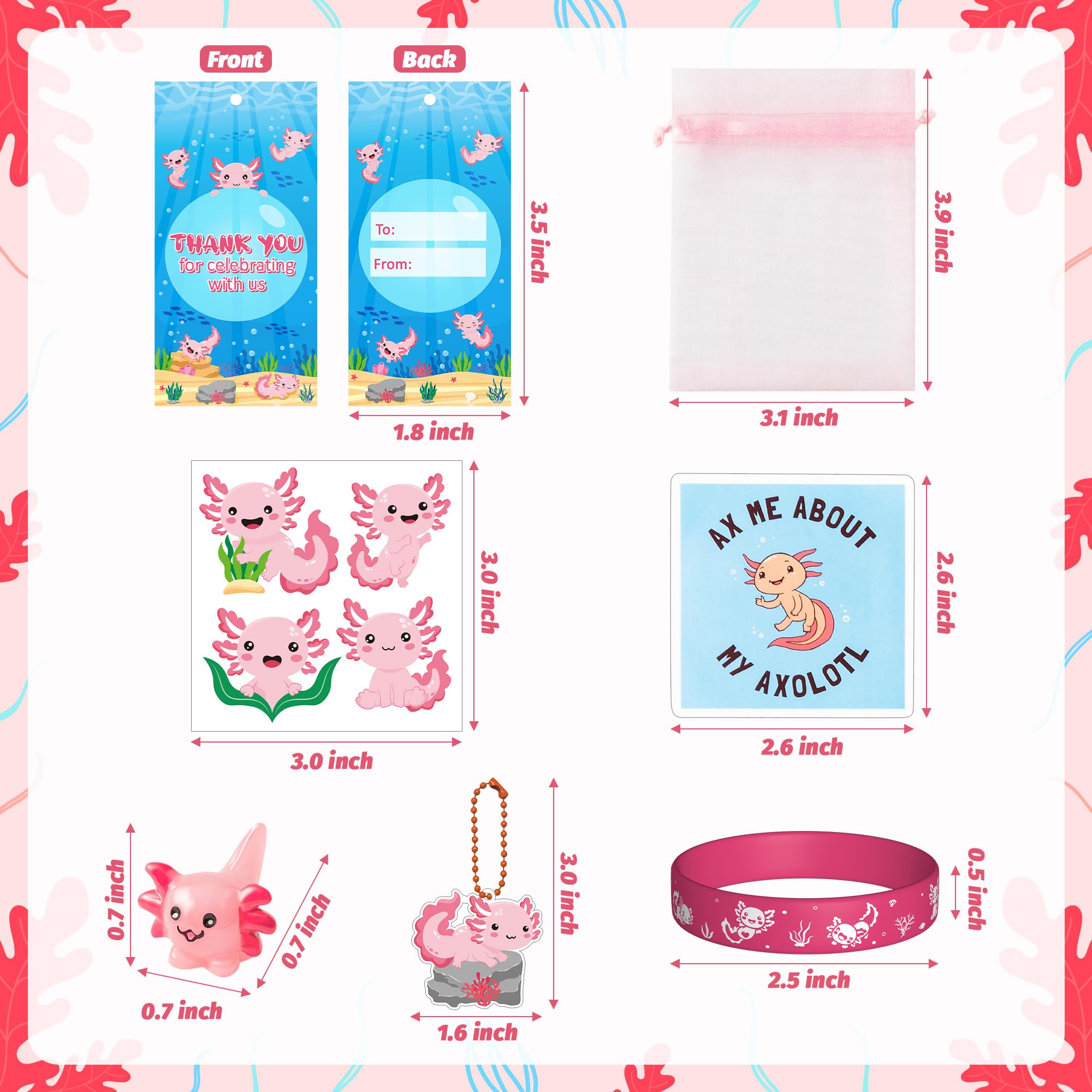 EYxsaxenk 122Pcs Axolotl Party Favor Pack of Reptile Animal Rubber Bracelet Resin Ornaments Temporary Tatto Sticker Keychain with Thank You Cards and Organza Bag for Axolotl Party Goodie Bag Supply