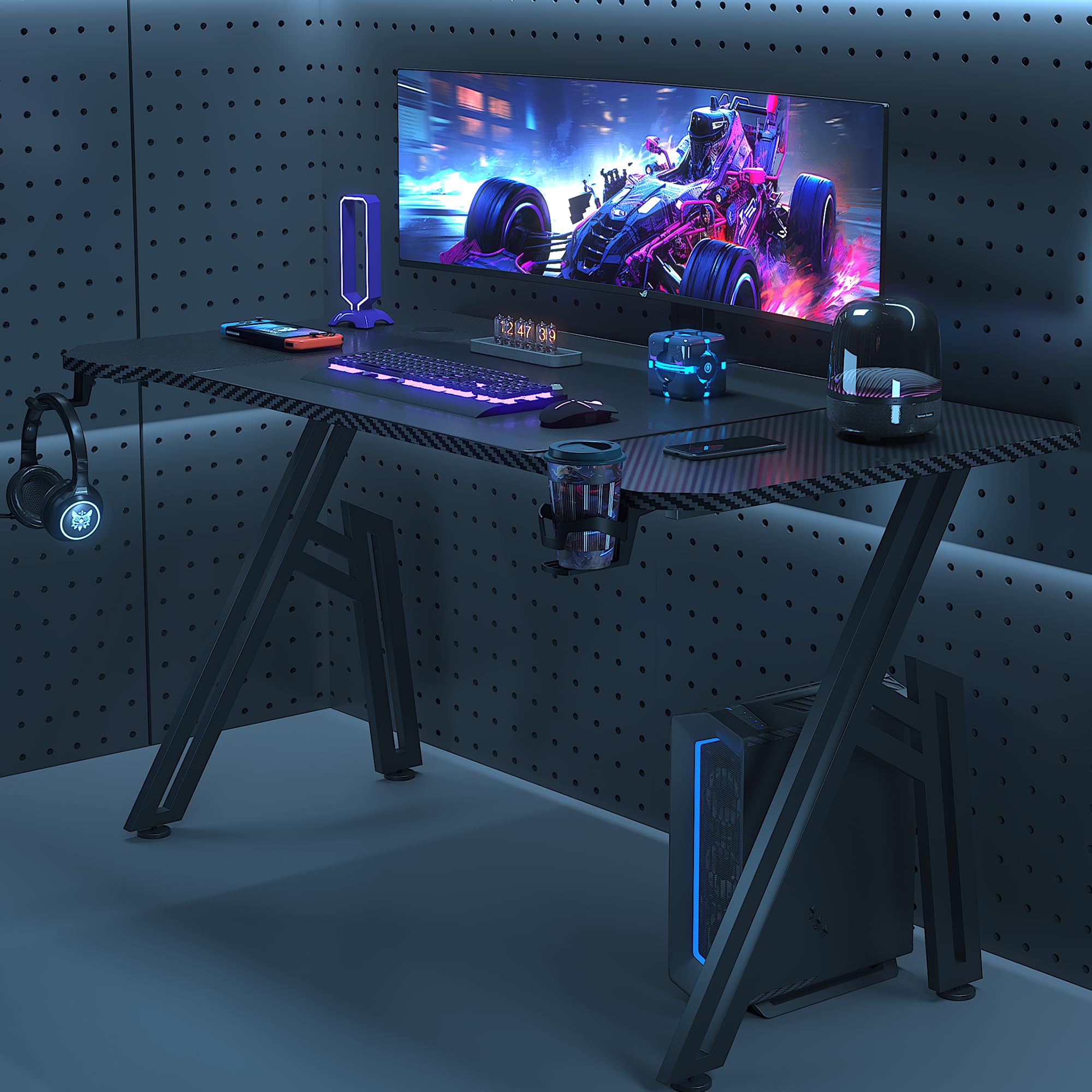 WEMUZVIU 47 Inch Gaming Desk, Ergonomic Carbon Fiber Surface Computer Table, A-Shaped PC Gamer Workstation with Cup Holder & Headphone Hook, Home Office Desk (ZK-A, 47 INCH)