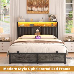 Aheaplus Full Bed Frame with Charging Station & Led Lights, Platform Bed with Leather Upholstered Headboard and Storage, Metal Slats Support, No Box Spring Needed, Noise-Free, Easy Assembly, Black Oak