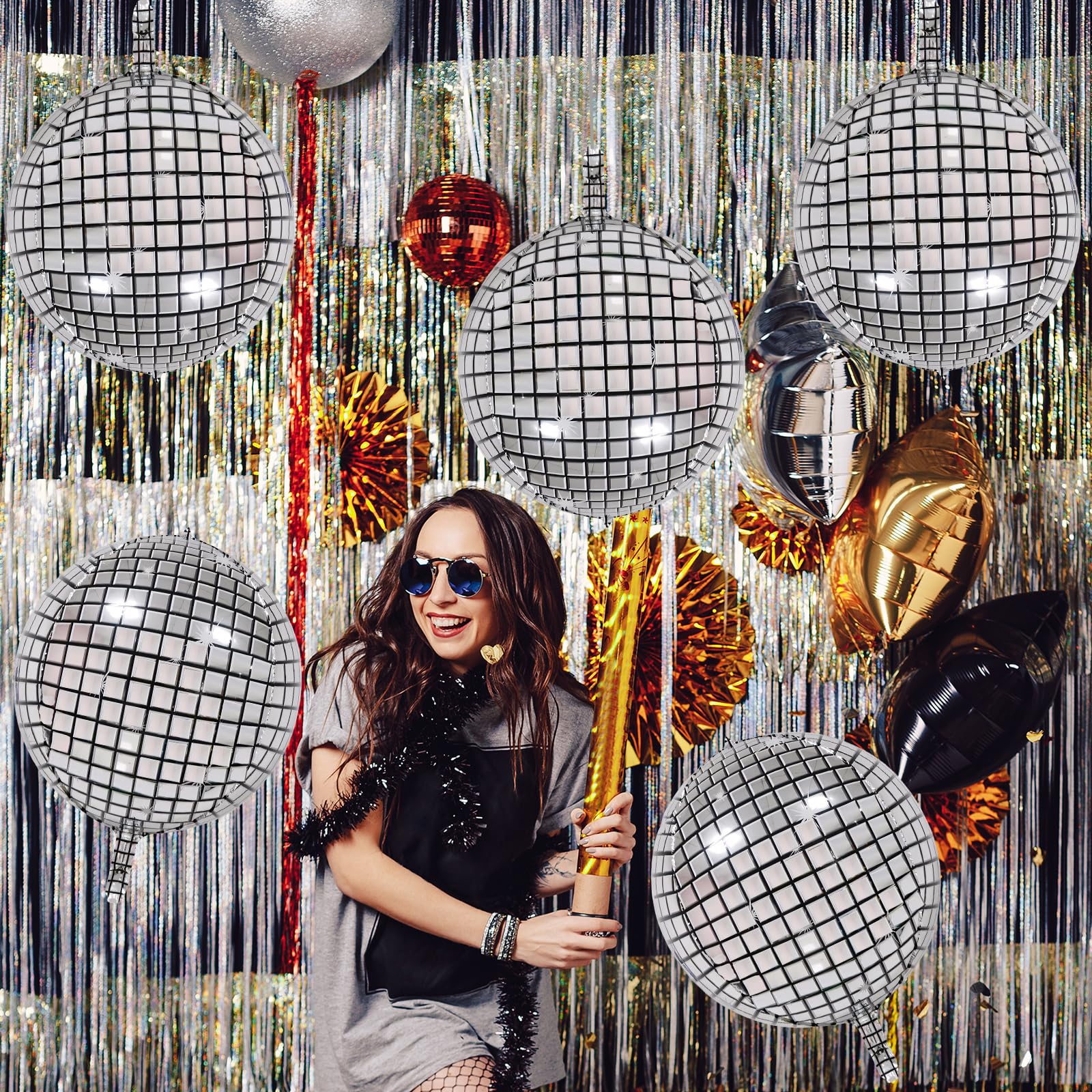 10 Pieces 22 Inches Large Silver Disco Ball Balloons - Large 4D Round Foil Mylar Mirror Balloons for Retro 70s Disco Dance Decorations Birthday Wedding Graduation Party Supplies