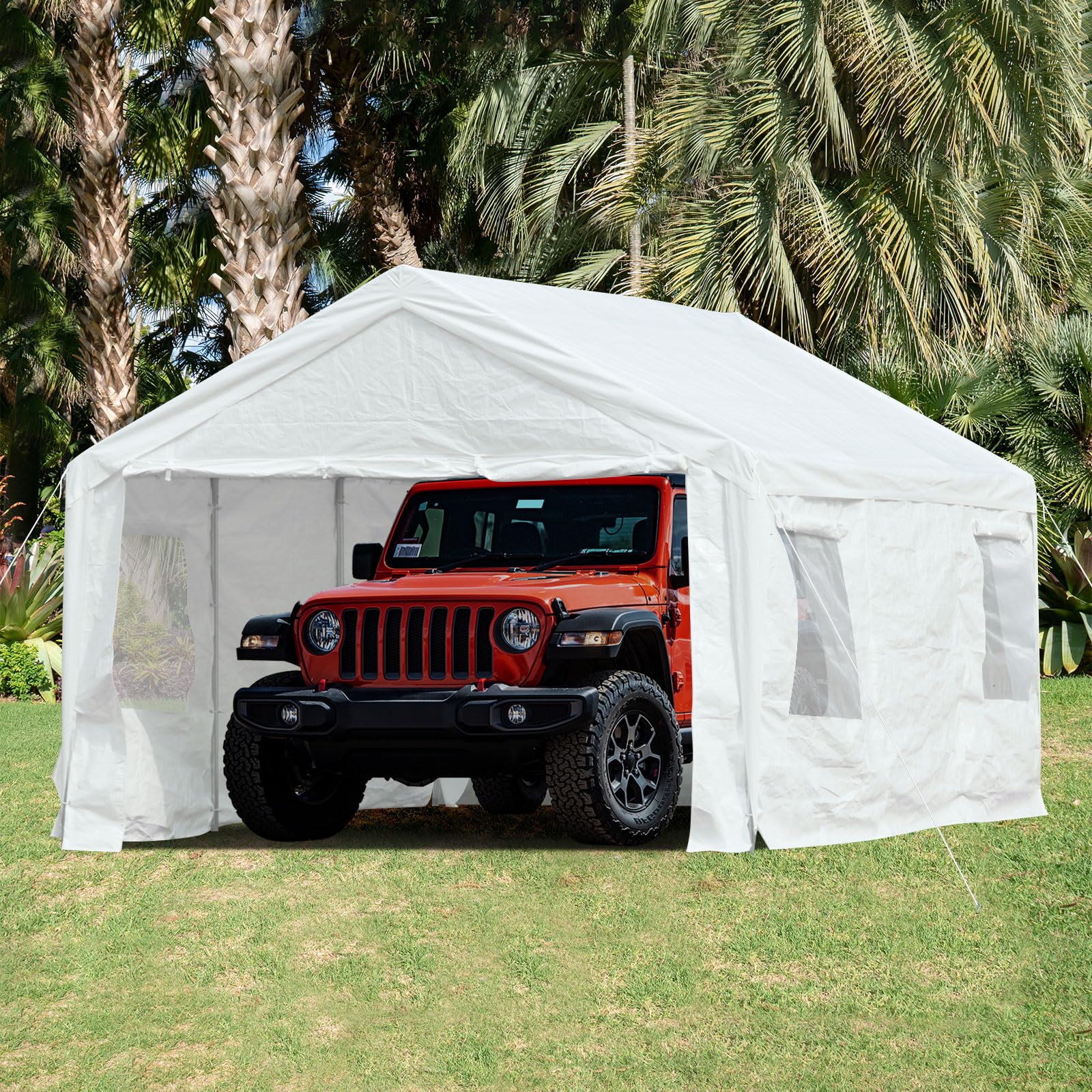 Aoodor 20 x 12 FT. Vehicle Carport Canopy Portable Garage Party Canopy Tent Boat Shelter, Heavy Duty Metal Frame with Removable Rool-up Sidewalls and Doors, White