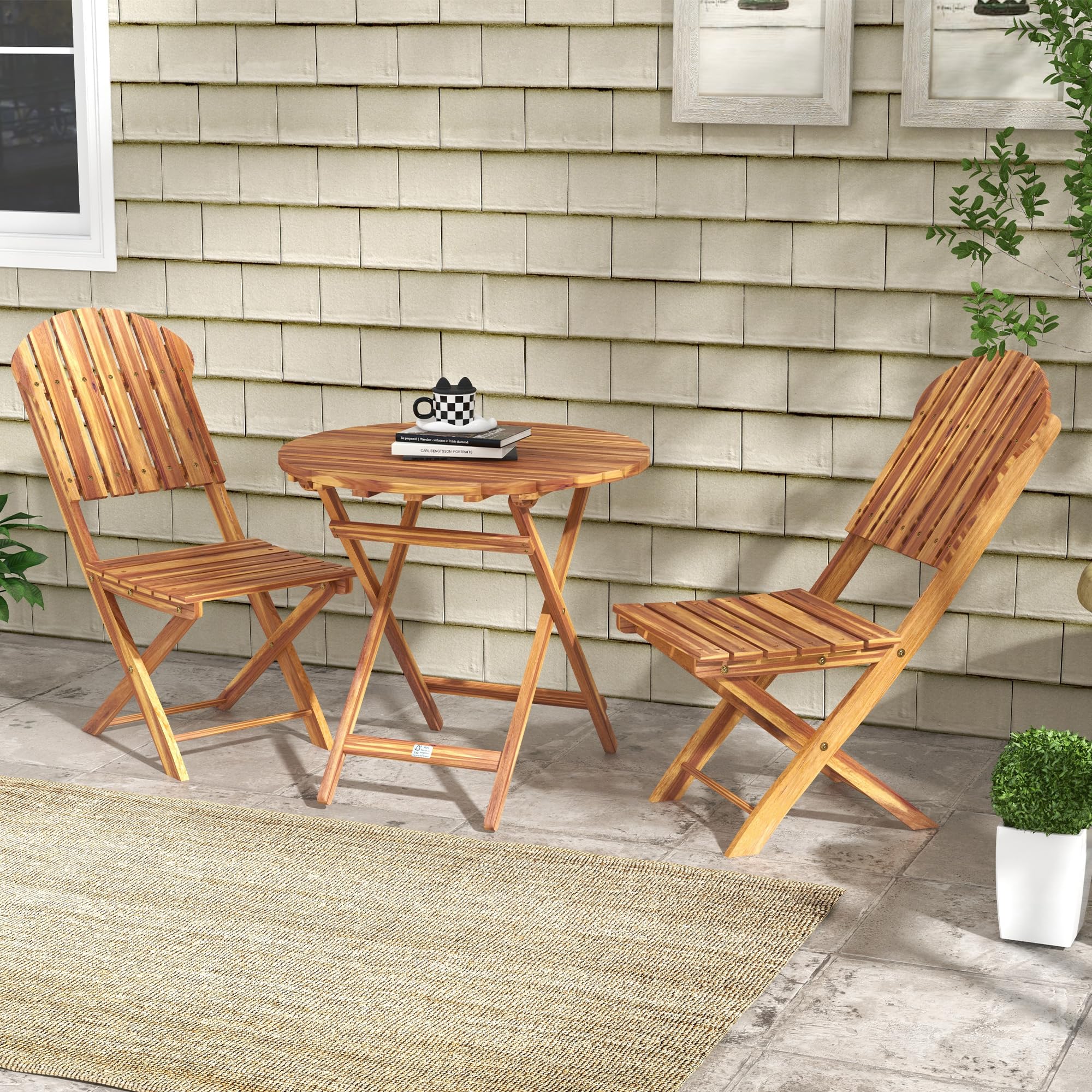 Outsunny 3-Piece Acacia Wood Bistro Set, Foldable Bistro Table and Chairs, Outdoor Bistro Set for Garden, Backyard, Balcony, Deck, Porch, Natural Wood Finish