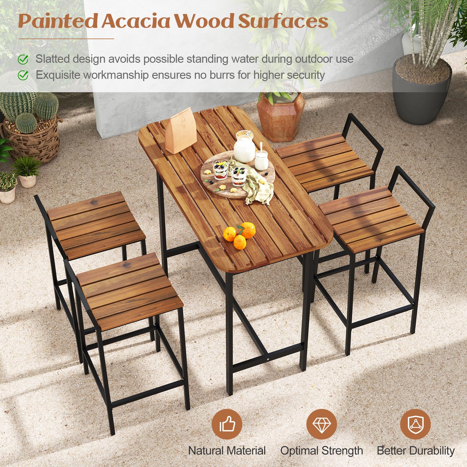 Tangkula 5 Piece Acacia Wood Bar Table Set, Outdoor Bar Height Table & Chairs with Metal Frame & Footrest, Patio Bar Table Set for 4, Patio Furniture Bistro Set for Deck, Garden & Poolside