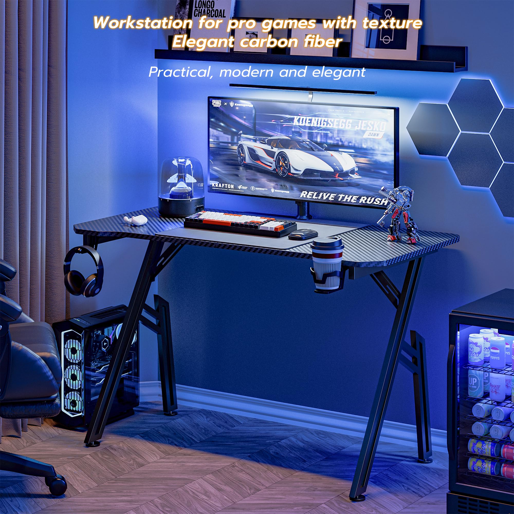 WEMUZVIU 47 Inch Gaming Desk, Ergonomic Carbon Fiber Surface Computer Table, A-Shaped PC Gamer Workstation with Cup Holder & Headphone Hook, Home Office Desk (ZK-A, 47 INCH)