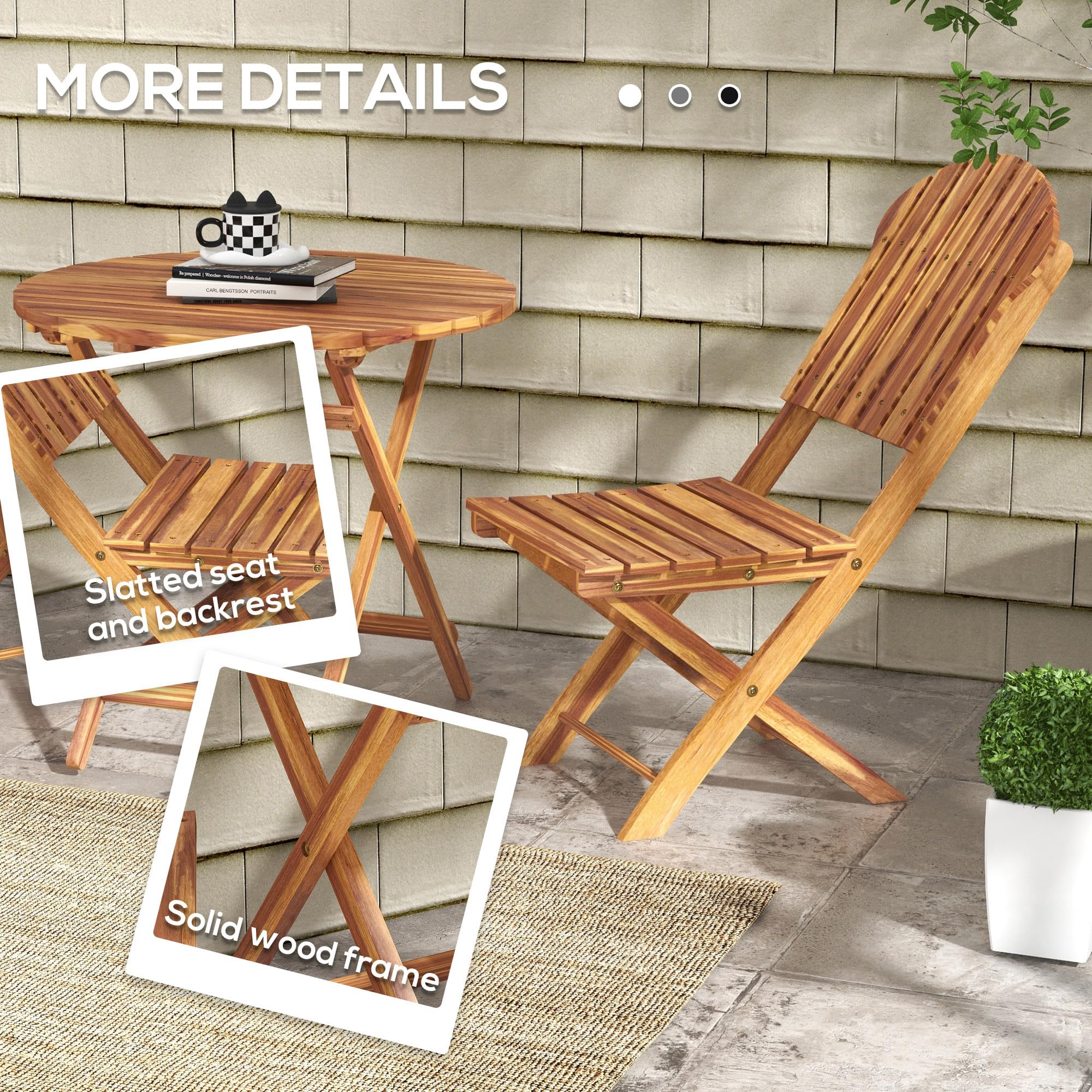 Outsunny 3-Piece Acacia Wood Bistro Set, Foldable Bistro Table and Chairs, Outdoor Bistro Set for Garden, Backyard, Balcony, Deck, Porch, Natural Wood Finish