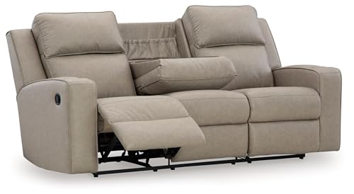 Signature Design by Ashley Lavenhorne Contemporary Faux Leather Manual Reclining Sofa with Drop Down Table, Cup Holders and USB Ports, Beige