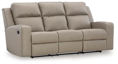 Signature Design by Ashley Lavenhorne Contemporary Faux Leather Manual Reclining Sofa with Drop Down Table, Cup Holders and USB Ports, Beige