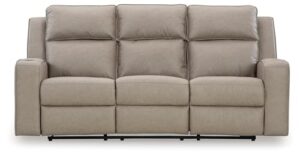 signature design by ashley lavenhorne contemporary faux leather manual reclining sofa with drop down table, cup holders and usb ports, beige