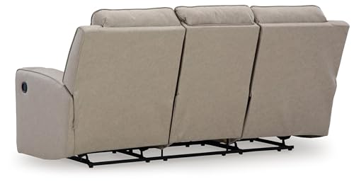 Signature Design by Ashley Lavenhorne Contemporary Faux Leather Manual Reclining Sofa with Drop Down Table, Cup Holders and USB Ports, Beige