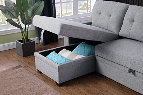 ACQCA 82" Sectional Sleeper Sofa with Pull Out Bed and Chaise Storage, L-Shape Reversible 3 Seater Couch with Tufted Backrest for Living Room,Apartment,Office,Light Gray