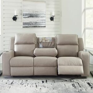 Signature Design by Ashley Lavenhorne Contemporary Faux Leather Manual Reclining Sofa with Drop Down Table, Cup Holders and USB Ports, Beige