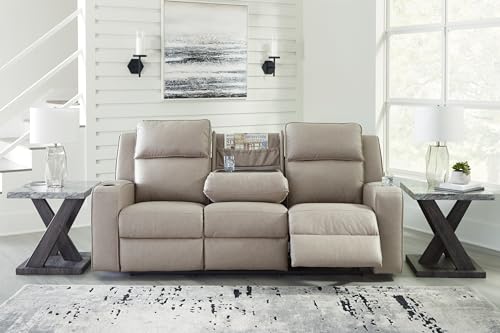 Signature Design by Ashley Lavenhorne Contemporary Faux Leather Manual Reclining Sofa with Drop Down Table, Cup Holders and USB Ports, Beige