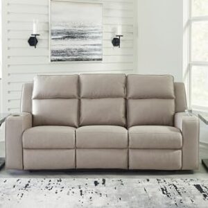 Signature Design by Ashley Lavenhorne Contemporary Faux Leather Manual Reclining Sofa with Drop Down Table, Cup Holders and USB Ports, Beige