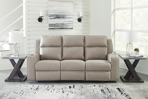 Signature Design by Ashley Lavenhorne Contemporary Faux Leather Manual Reclining Sofa with Drop Down Table, Cup Holders and USB Ports, Beige