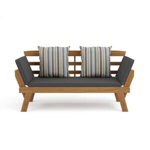 Greemotion Velden Certified Acacia Natural Finish Wood Sofa Narrow Daybed Small Loveseat Patio Sofa Bed Patio Lounge Bed Wood Couch, Outdoor Convertible Daybed Porch Loveseat with Gray Cushion