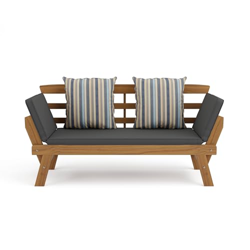 Greemotion Velden Certified Acacia Natural Finish Wood Sofa Narrow Daybed Small Loveseat Patio Sofa Bed Patio Lounge Bed Wood Couch, Outdoor Convertible Daybed Porch Loveseat with Gray Cushion