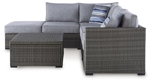 Signature Design by Ashley Petal Road Casual Weather Resistant Cushioned Outdoor Loveseat Sectional/Ottoman/Table Set with 2 Throw Pillows, Set of 4, Gray