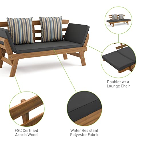 Greemotion Velden Certified Acacia Natural Finish Wood Sofa Narrow Daybed Small Loveseat Patio Sofa Bed Patio Lounge Bed Wood Couch, Outdoor Convertible Daybed Porch Loveseat with Gray Cushion