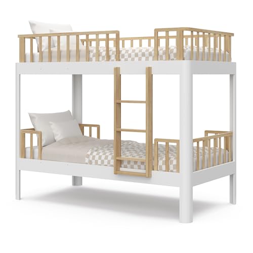 Storkcraft Next Santos Twin-Over-Twin 5-in-1 Convertible Bunk Bed (White with Natural) – GREENGUARD Gold Certified, Converts to Loft Bed and Twin Beds, Modern Style for Kids Room