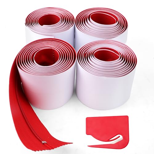 4pcs Dust Barrier Zipper, 7ft x 3in Self-Adhesive Tarp Double Zipper Instant Door Dust Protection with Plastic Sheeting Cutter Construction Plastic Zip Wall Accessories (Red)