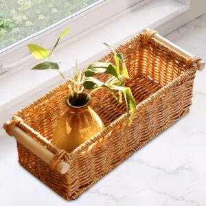 Generic Imitation Rattan Storage Basket,Rattan Bathroom Vanity Trays, Long Narrow Woven Baskets Multipurpose for Bedroom Bar Kitchen, M, Optional