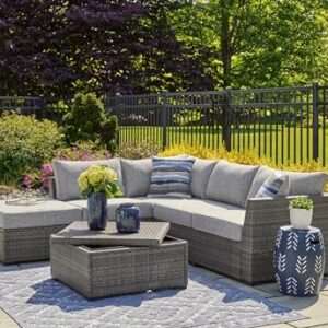 Signature Design by Ashley Petal Road Casual Weather Resistant Cushioned Outdoor Loveseat Sectional/Ottoman/Table Set with 2 Throw Pillows, Set of 4, Gray