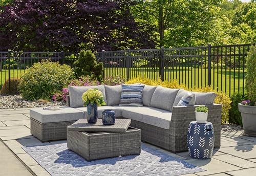 Signature Design by Ashley Petal Road Casual Weather Resistant Cushioned Outdoor Loveseat Sectional/Ottoman/Table Set with 2 Throw Pillows, Set of 4, Gray