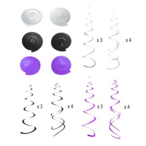 Purple Black and Silver Foil Swirl Hanging Decoration Streamer for Birthday Graduation Wedding Party Supplies, Pack of 21