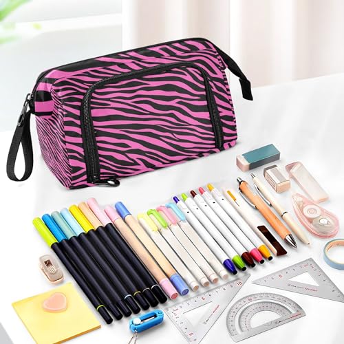 Fisyme Pink Zebra Print Pencil Case Large Capacity Pencil Pouch Pen Bags Box Big Makeup Pencil Case Organizer