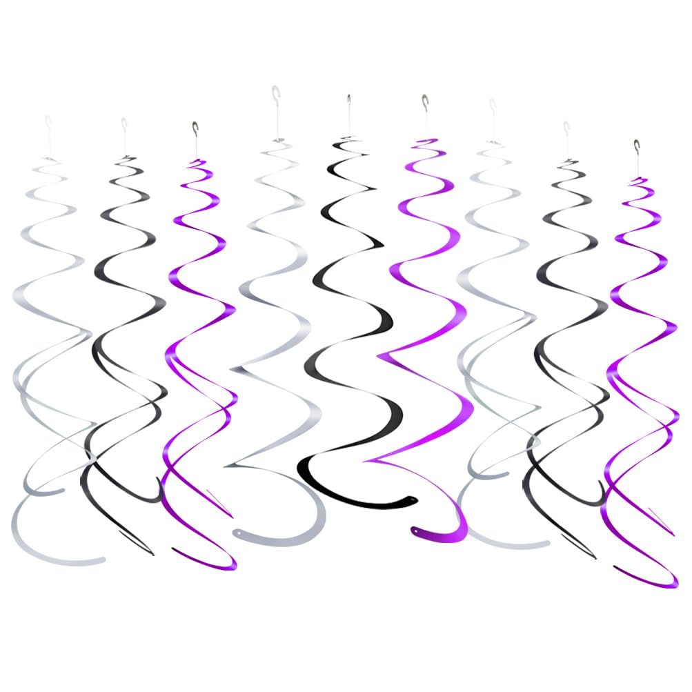 Purple Black and Silver Foil Swirl Hanging Decoration Streamer for Birthday Graduation Wedding Party Supplies, Pack of 21